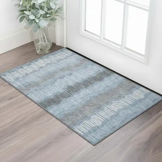 Blue Ivory And Gray Striped Washable Area Rug With UV Protection Photo 1