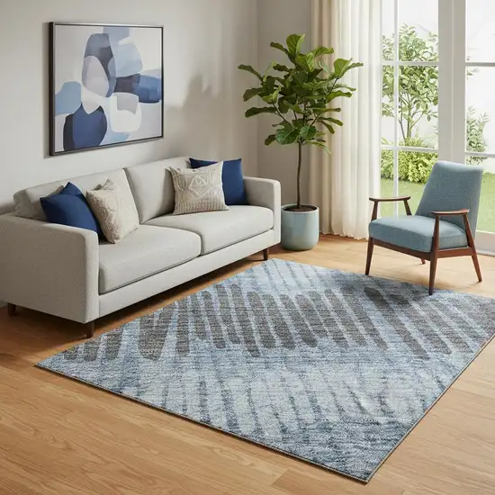 Blue Ivory And Gray Striped Washable Area Rug With UV Protection Photo 1