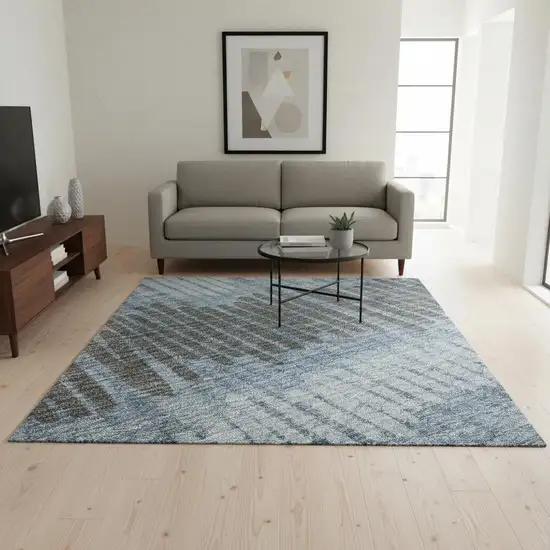 Blue Ivory And Gray Striped Washable Area Rug With UV Protection Photo 2