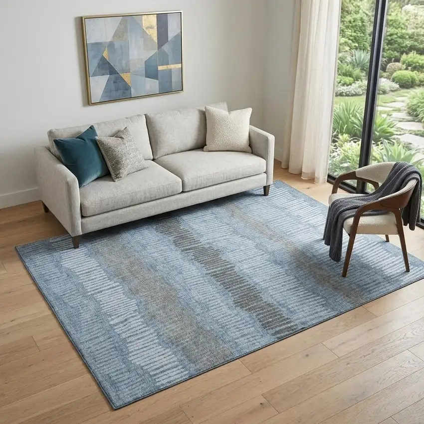 Blue Ivory And Gray Striped Washable Area Rug With UV Protection Photo 1