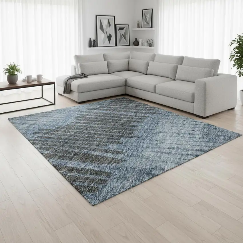 Blue Ivory And Gray Striped Washable Area Rug With UV Protection Photo 2