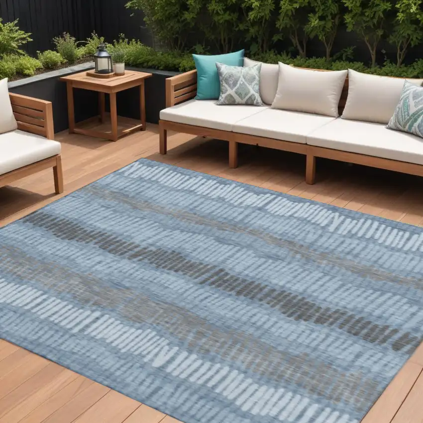 Blue Ivory And Gray Striped Washable Area Rug With UV Protection Photo 1
