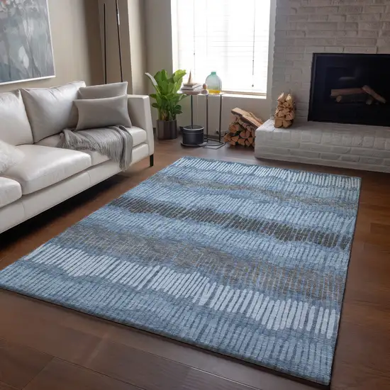 Blue Ivory And Gray Striped Washable Area Rug With UV Protection Photo 4