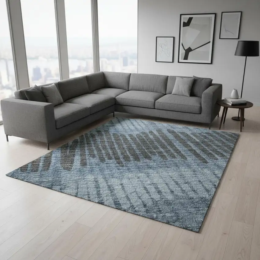 Blue Ivory And Gray Striped Washable Area Rug With UV Protection Photo 2
