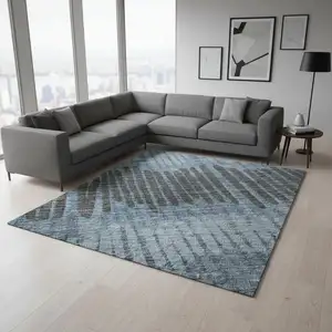 Photo of Blue Ivory And Gray Striped Washable Area Rug With UV Protection