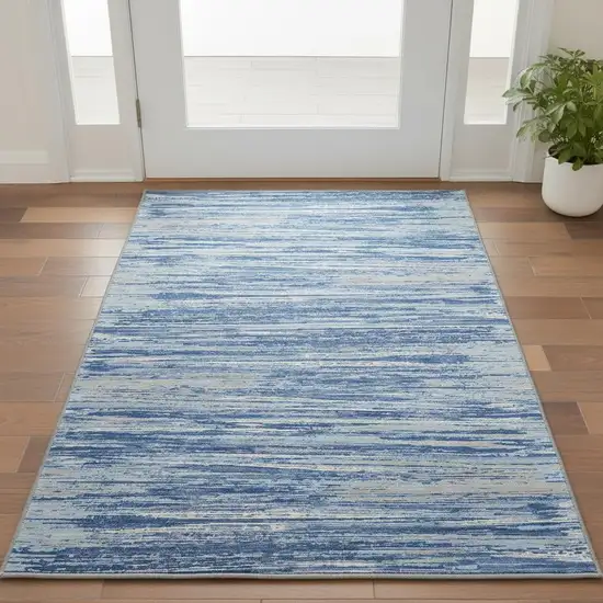 Blue Ivory And Gray Striped Washable Area Rug With UV Protection Photo 2