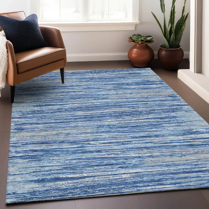 Blue Ivory And Gray Striped Washable Area Rug With UV Protection Photo 5