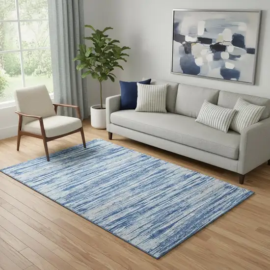 Blue Ivory And Gray Striped Washable Area Rug With UV Protection Photo 1