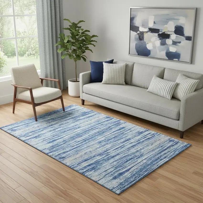 Blue Ivory And Gray Striped Washable Area Rug With UV Protection Photo 1