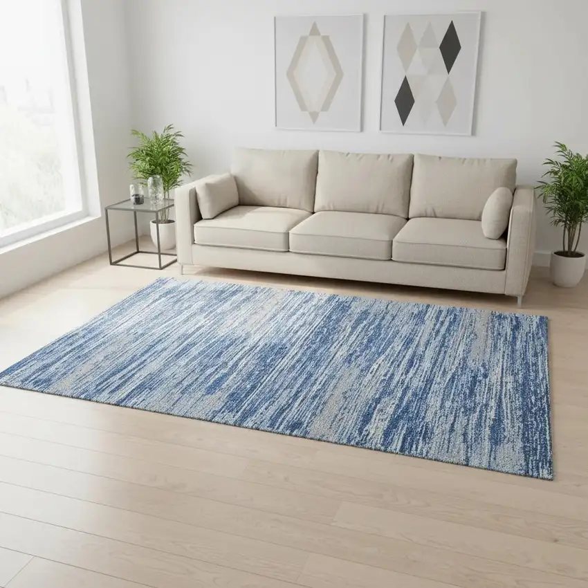 Blue Ivory And Gray Striped Washable Area Rug With UV Protection Photo 2