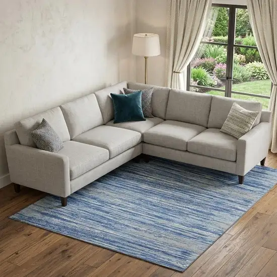 Blue Ivory And Gray Striped Washable Area Rug With UV Protection Photo 1