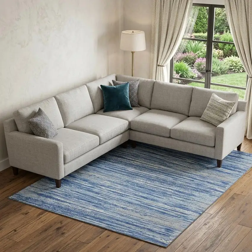 Blue Ivory And Gray Striped Washable Area Rug With UV Protection Photo 1