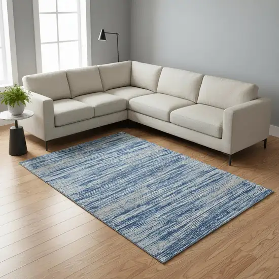 Blue Ivory And Gray Striped Washable Area Rug With UV Protection Photo 2