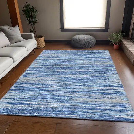 Blue Ivory And Gray Striped Washable Area Rug With UV Protection Photo 6