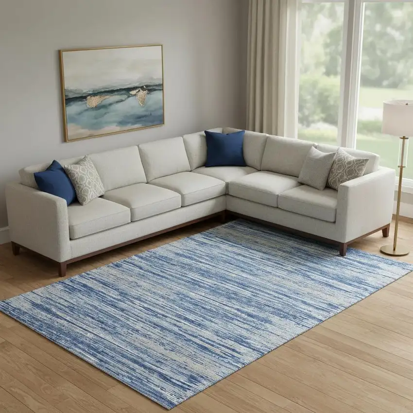 Blue Ivory And Gray Striped Washable Area Rug With UV Protection Photo 1