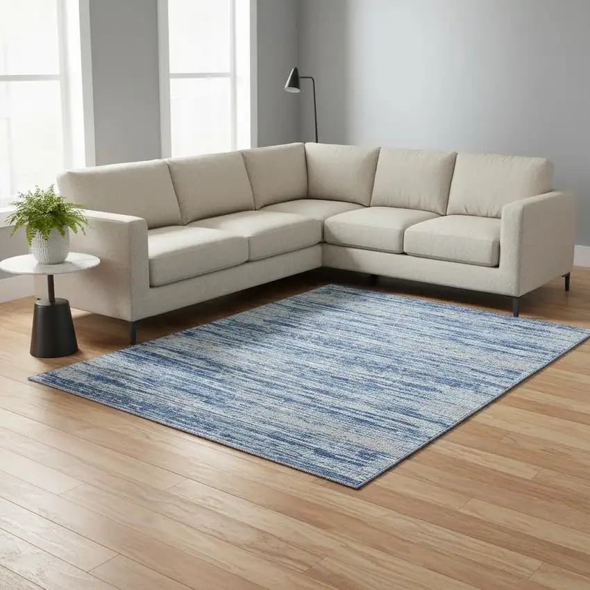 Blue Ivory And Gray Striped Washable Area Rug With UV Protection Photo 2