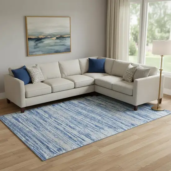 Blue Ivory And Gray Striped Washable Area Rug With UV Protection Photo 1