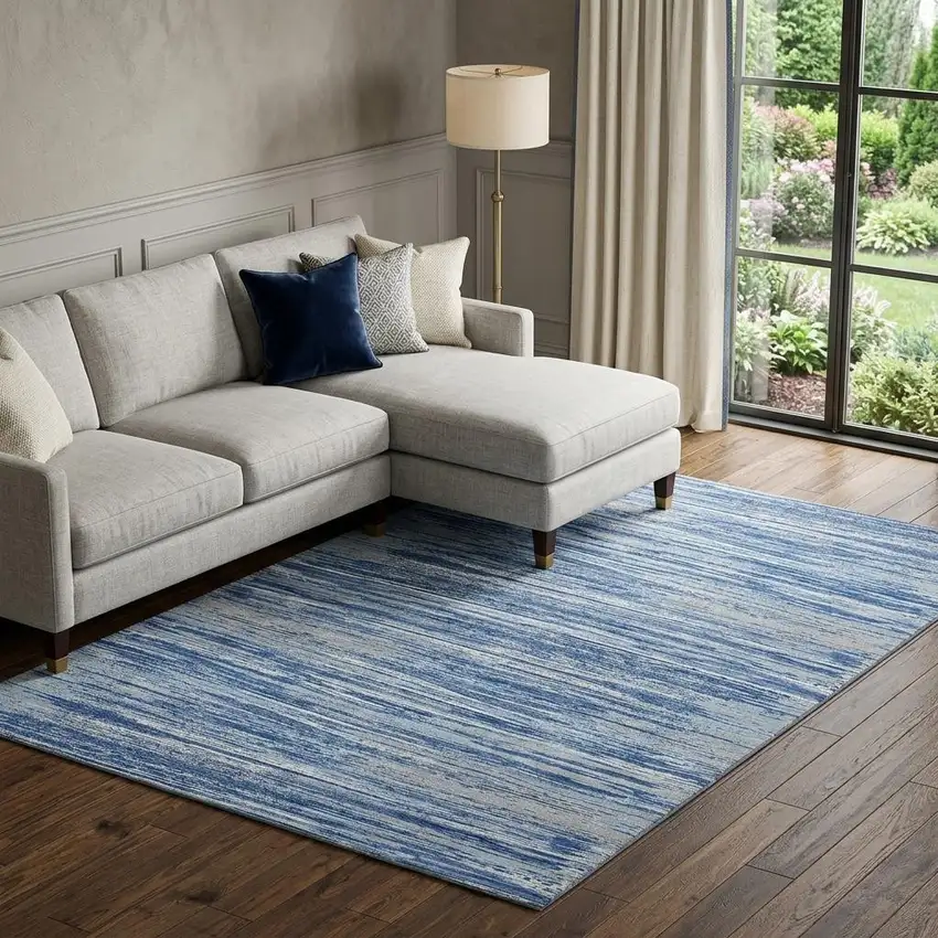 Blue Ivory And Gray Striped Washable Area Rug With UV Protection Photo 1