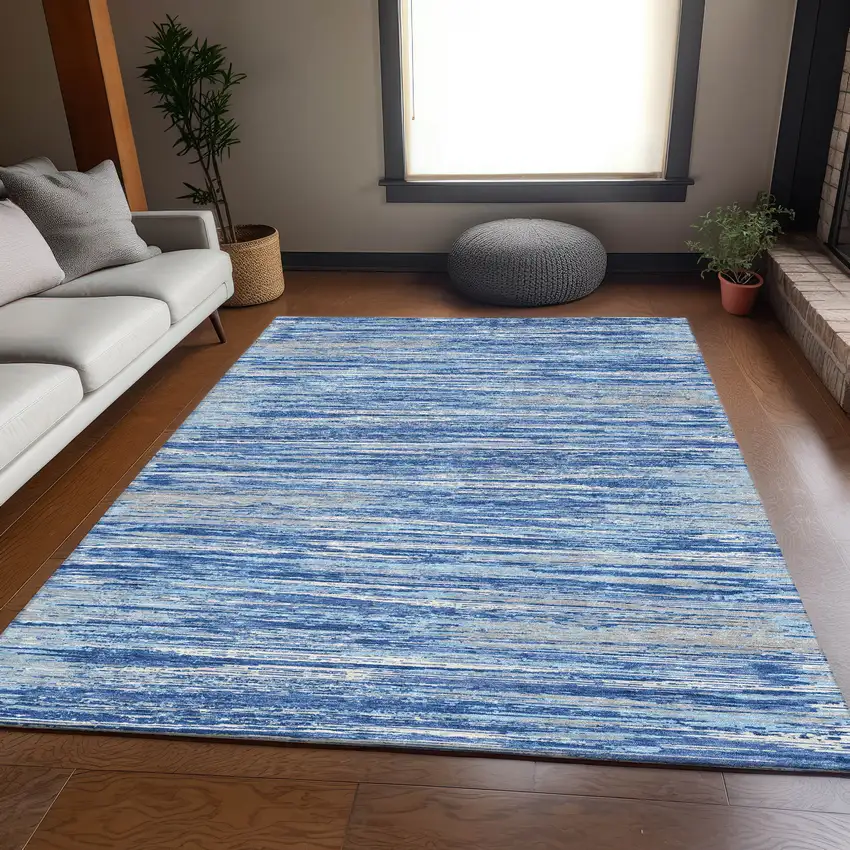 Blue Ivory And Gray Striped Washable Area Rug With UV Protection Photo 6