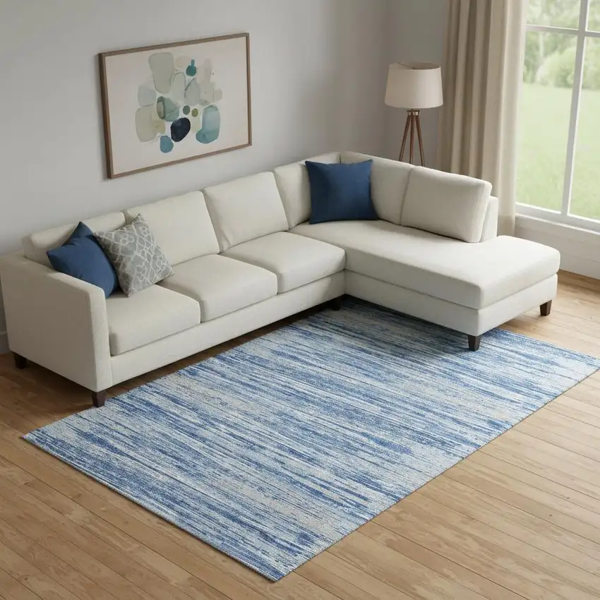 Blue Ivory And Gray Striped Washable Area Rug With UV Protection Photo 1