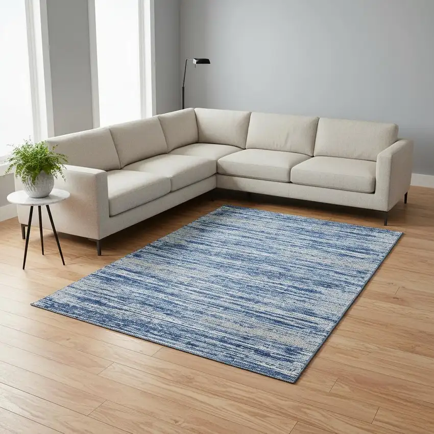 Blue Ivory And Gray Striped Washable Area Rug With UV Protection Photo 2