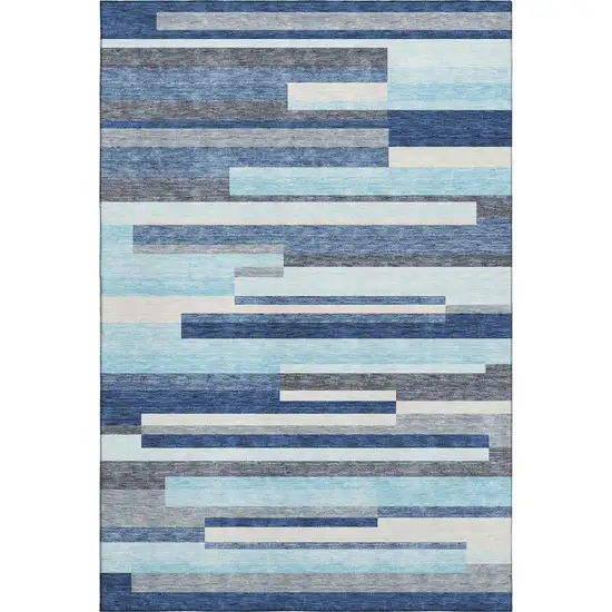 Blue Ivory And Gray Striped Washable Area Rug With UV Protection Photo 1