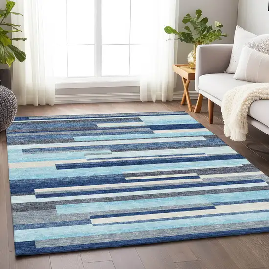 Blue Ivory And Gray Striped Washable Area Rug With UV Protection Photo 4