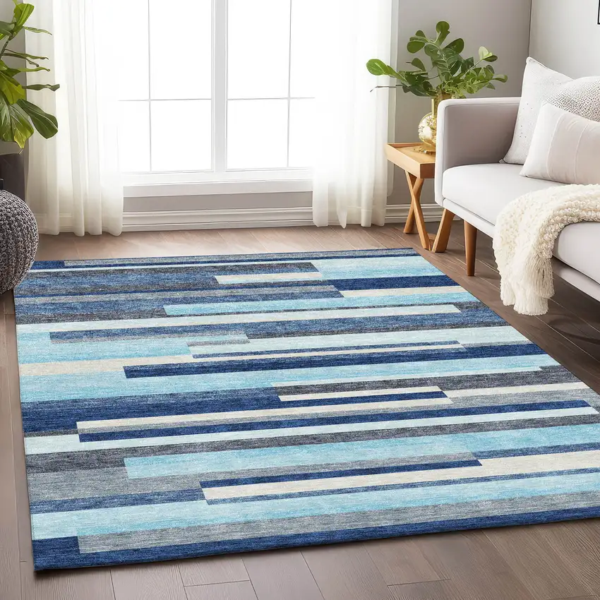 Blue Ivory And Gray Striped Washable Area Rug With UV Protection Photo 4