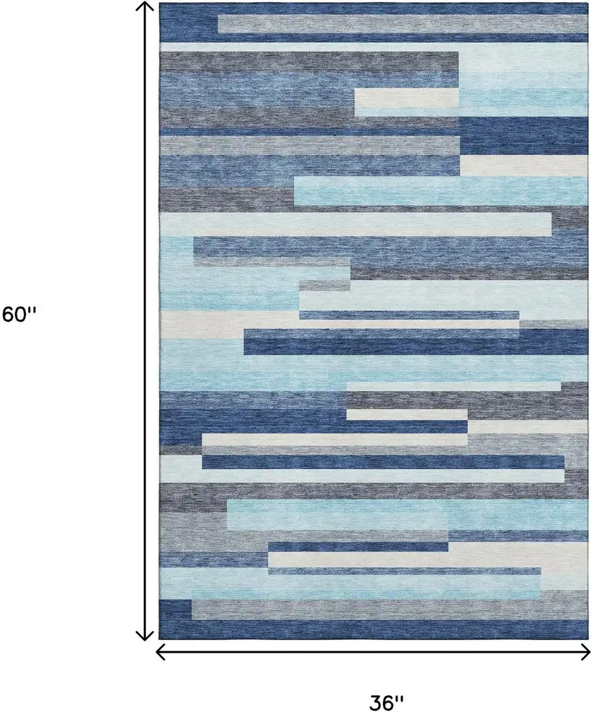 Blue Ivory And Gray Striped Washable Area Rug With UV Protection Photo 9