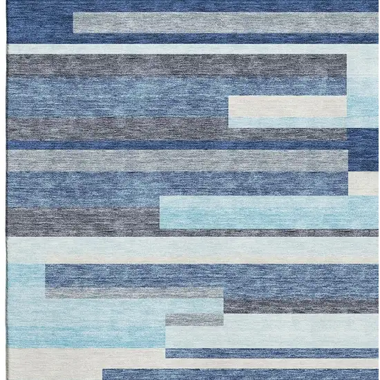 Blue Ivory And Gray Striped Washable Area Rug With UV Protection Photo 2