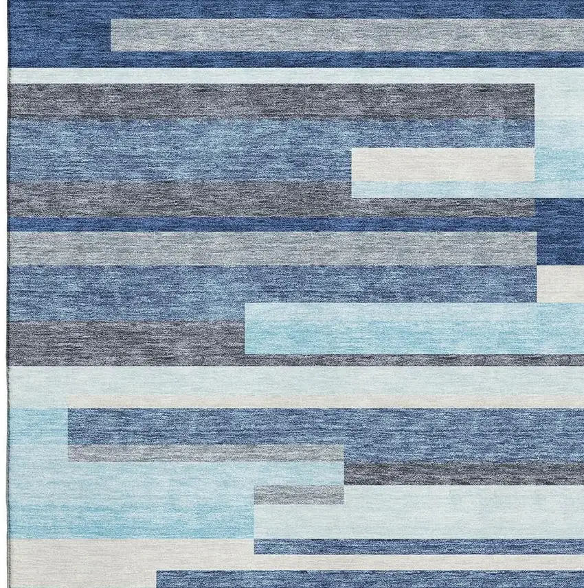 Blue Ivory And Gray Striped Washable Area Rug With UV Protection Photo 2
