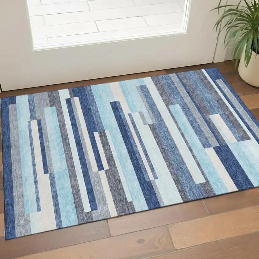 Blue Ivory And Gray Striped Washable Area Rug With UV Protection Photo 1