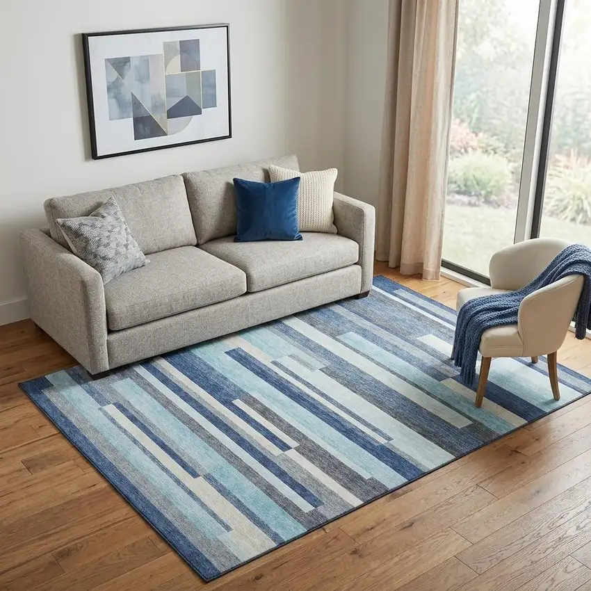 Blue Ivory And Gray Striped Washable Area Rug With UV Protection Photo 1