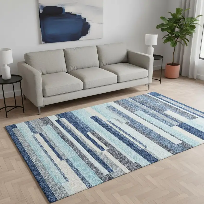 Blue Ivory And Gray Striped Washable Area Rug With UV Protection Photo 2