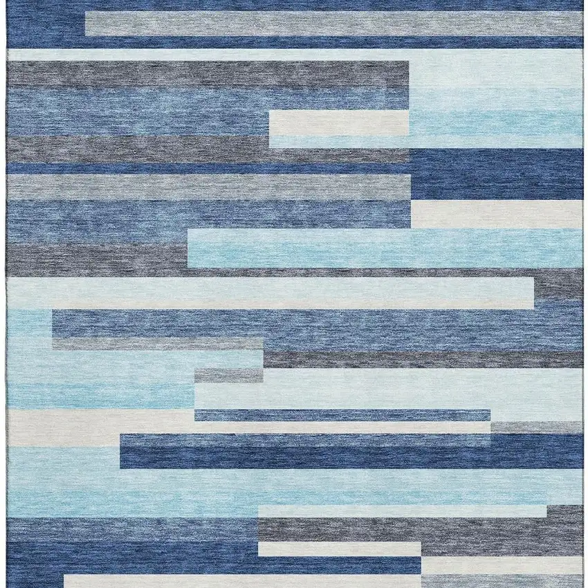 Blue Ivory And Gray Striped Washable Area Rug With UV Protection Photo 2