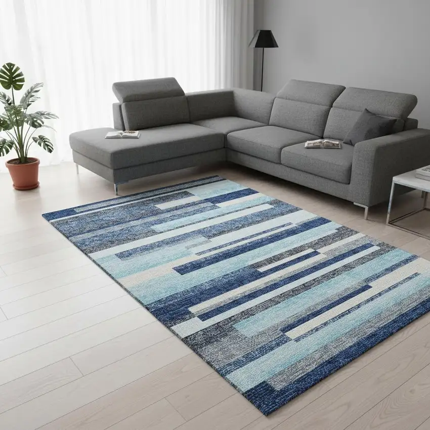 Blue Ivory And Gray Striped Washable Area Rug With UV Protection Photo 2
