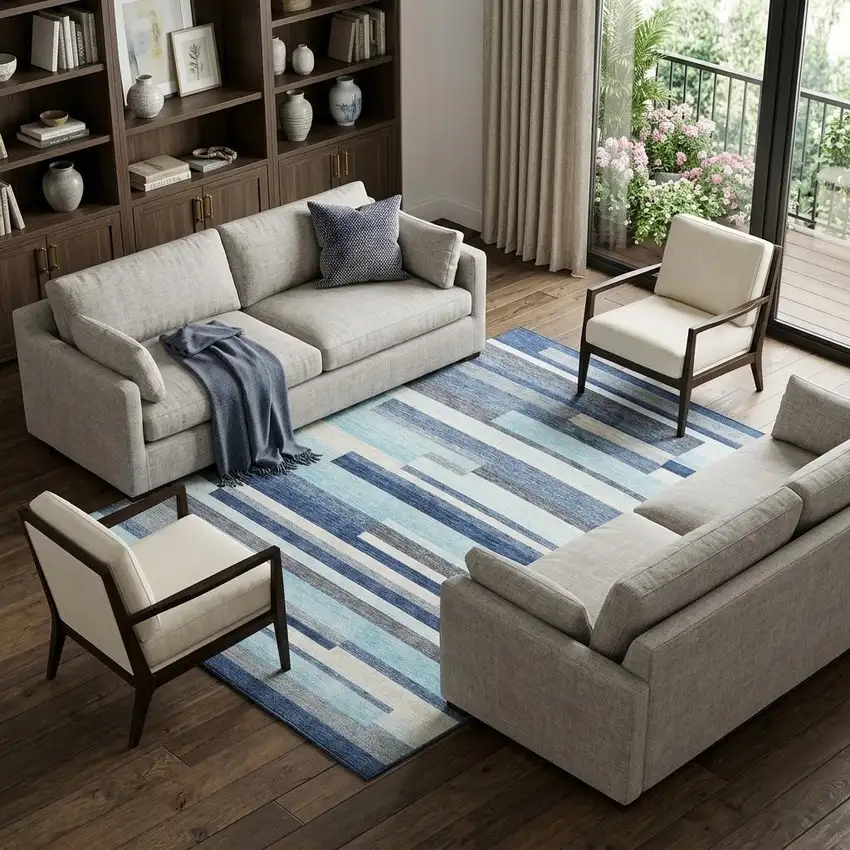 Blue Ivory And Gray Striped Washable Area Rug With UV Protection Photo 1