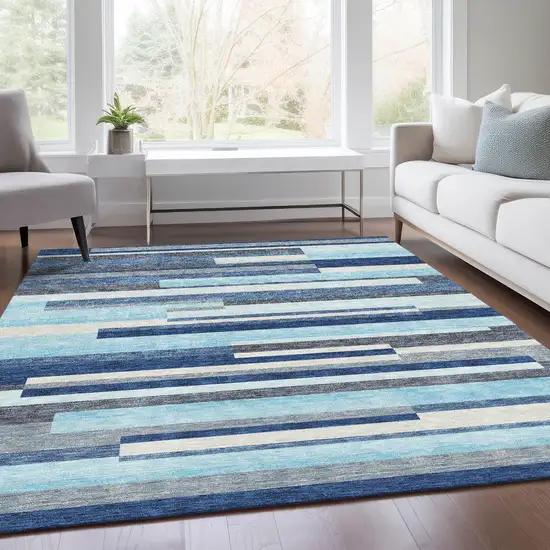 Blue Ivory And Gray Striped Washable Area Rug With UV Protection Photo 5