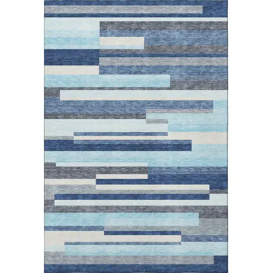 Blue Ivory And Gray Striped Washable Area Rug With UV Protection Photo 3