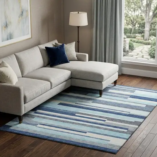Blue Ivory And Gray Striped Washable Area Rug With UV Protection Photo 1
