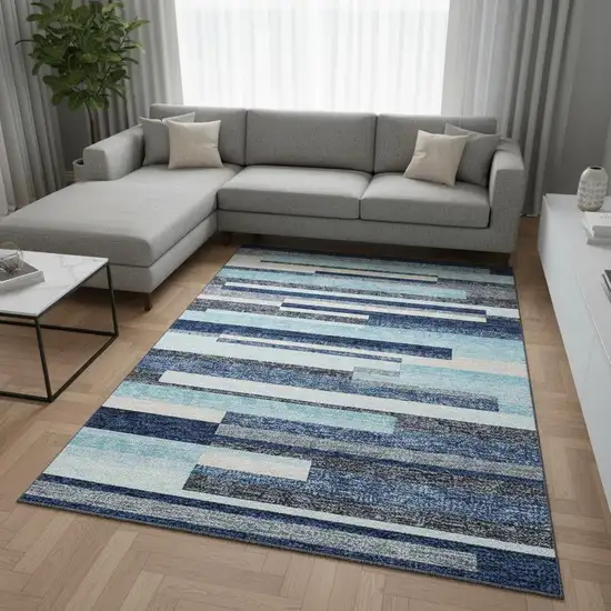 Blue Ivory And Gray Striped Washable Area Rug With UV Protection Photo 2