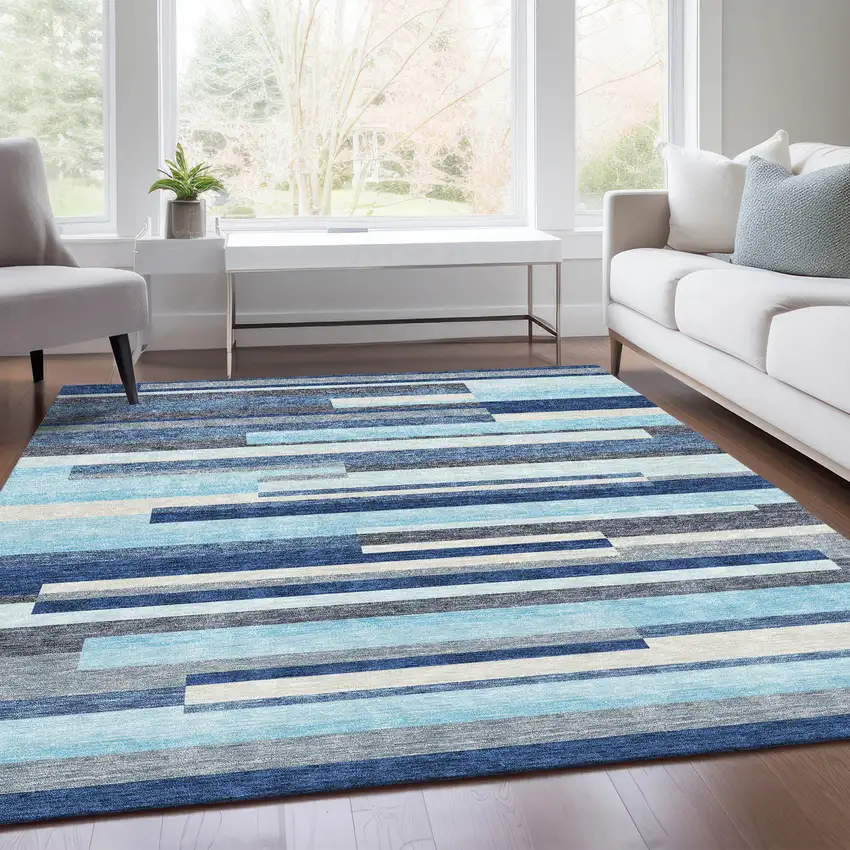Blue Ivory And Gray Striped Washable Area Rug With UV Protection Photo 5