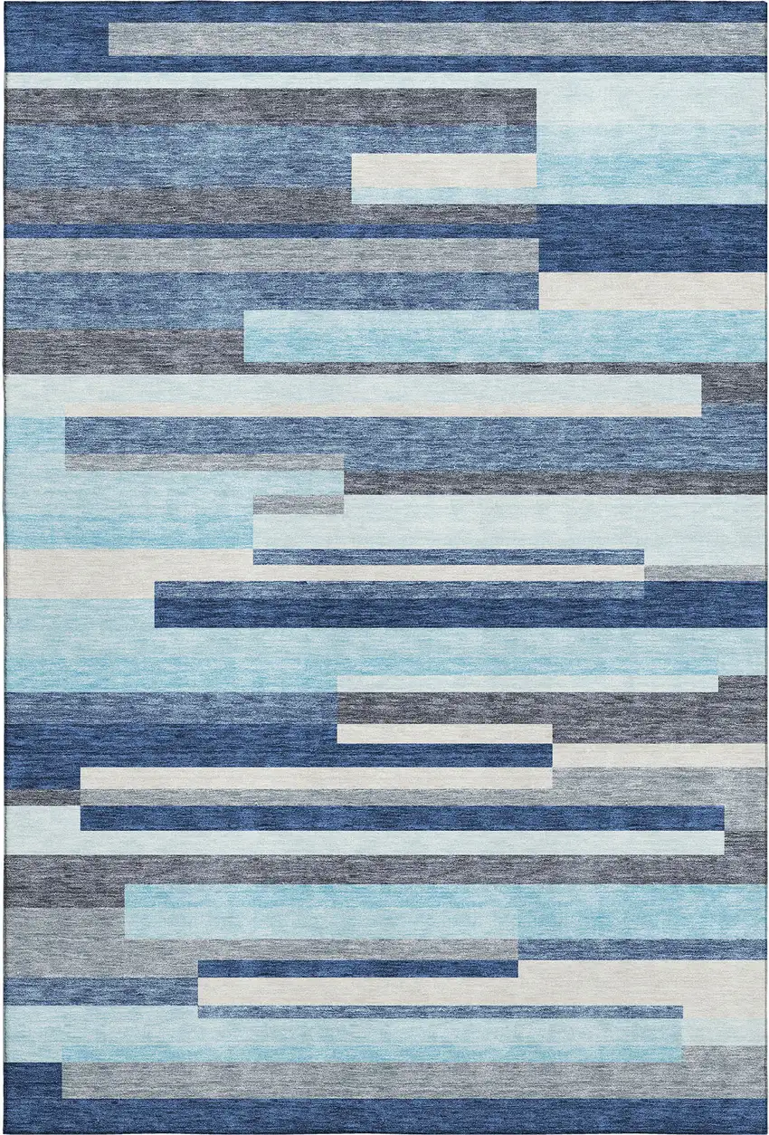 Blue Ivory And Gray Striped Washable Area Rug With UV Protection Photo 1