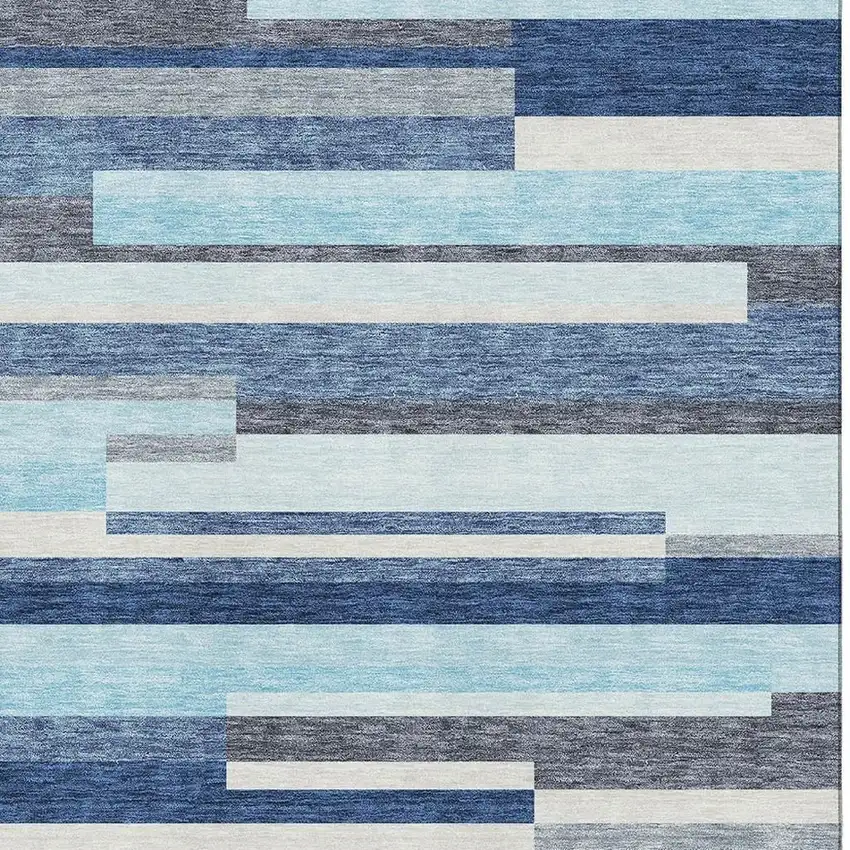 Blue Ivory And Gray Striped Washable Area Rug With UV Protection Photo 2