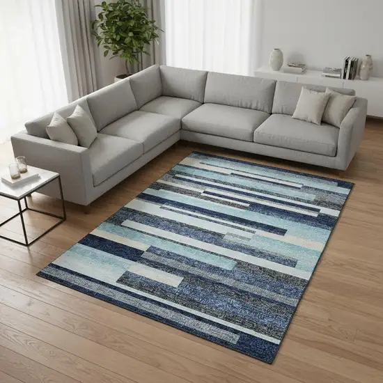 Blue Ivory And Gray Striped Washable Area Rug With UV Protection Photo 1