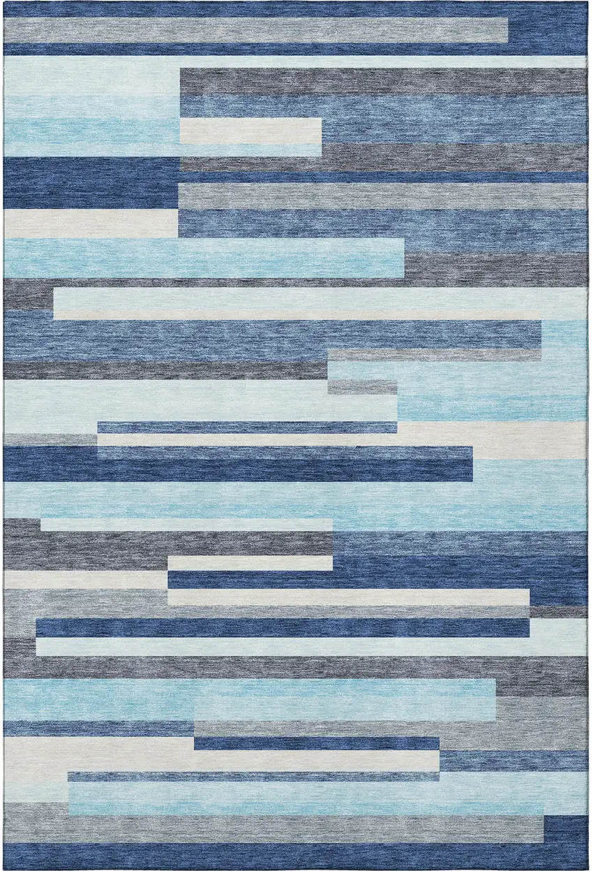 Blue Ivory And Gray Striped Washable Area Rug With UV Protection Photo 3