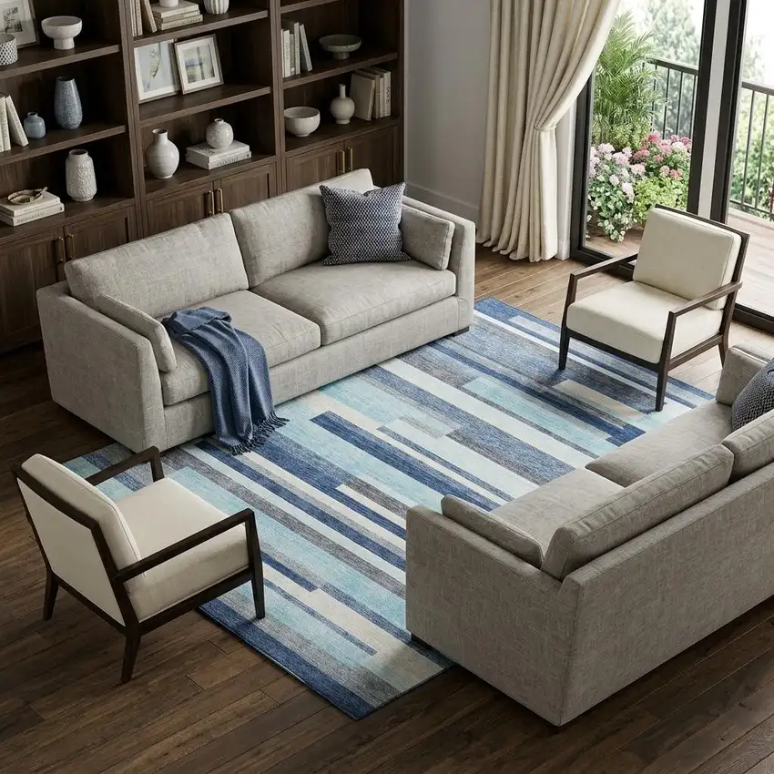 Blue Ivory And Gray Striped Washable Area Rug With UV Protection Photo 1