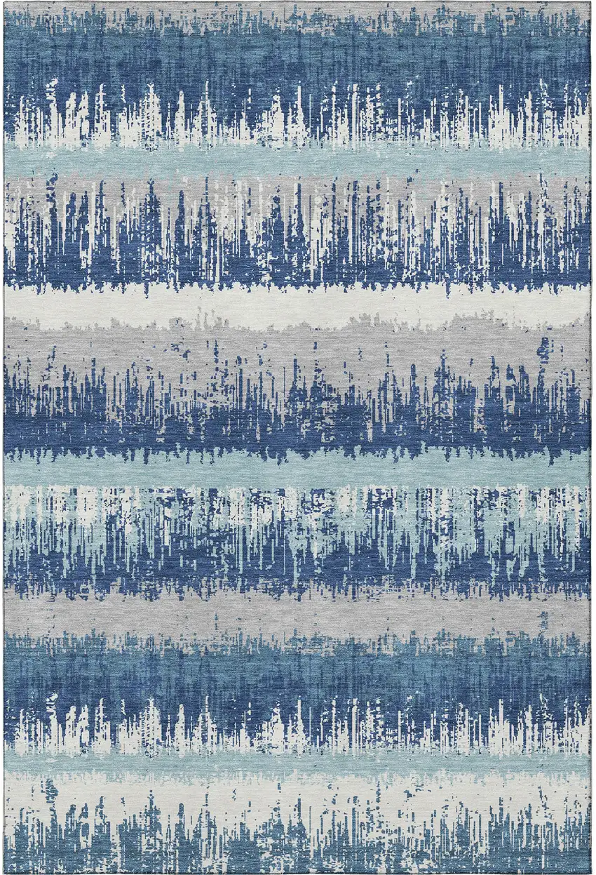 Blue Ivory And Gray Striped Washable Area Rug With UV Protection Photo 2
