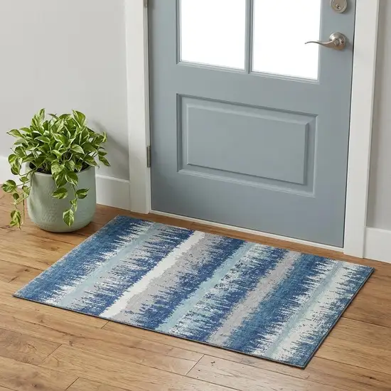 Blue Ivory And Gray Striped Washable Area Rug With UV Protection Photo 1