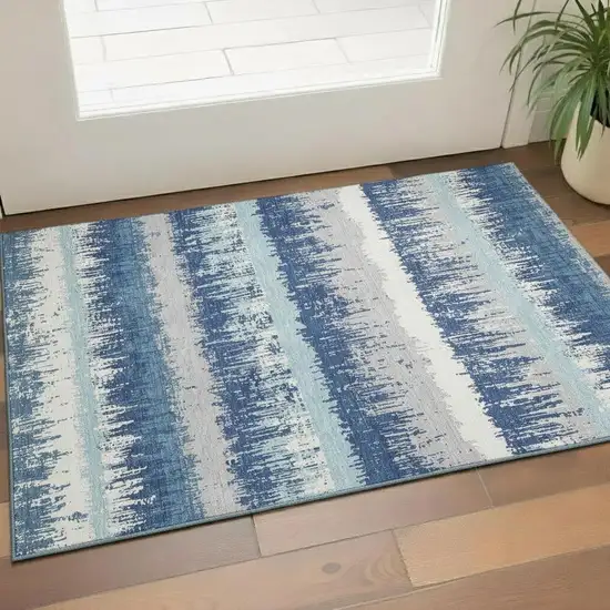 Blue Ivory And Gray Striped Washable Area Rug With UV Protection Photo 2